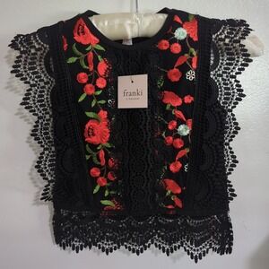 Frankie By Francesca NWT Youth 7 Top W‎ Lace Trim Flower Embroidery Gorgeous
